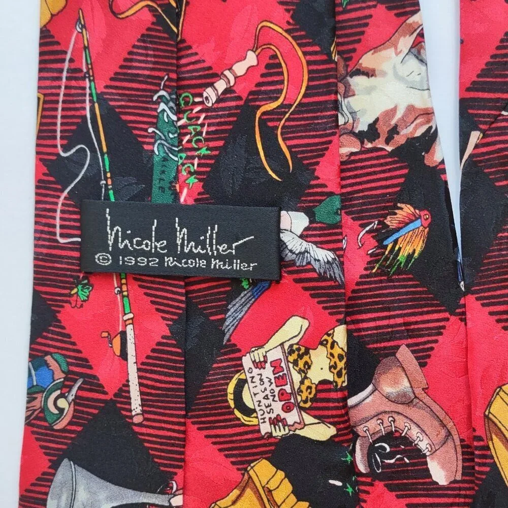 Vintage Nicole Miller Silk Neck Tie Hunting Camping Fishing Beagle Dog